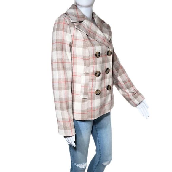 Pink & Beige Plaid Double Breasted Silk Lined Wool Peacoat NWOT - Picture 3 of 14